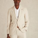 Blazer à Motif Chevron Lin Beige Clair HOMME – Vicomte A