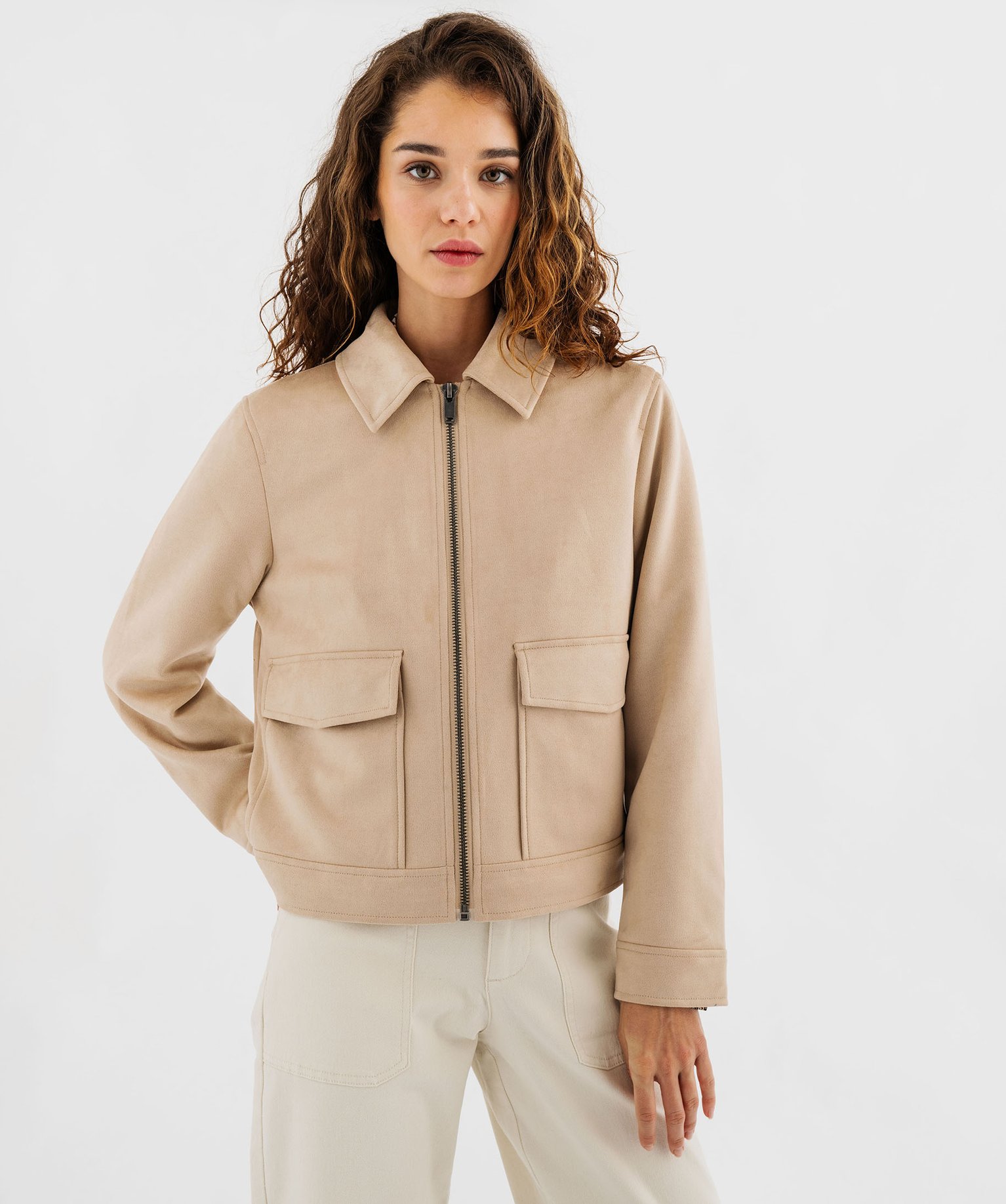 blouson-femme-009kea-1.jpg Blouson zippé en suédine femme beige clair | GEMO – Image 1
