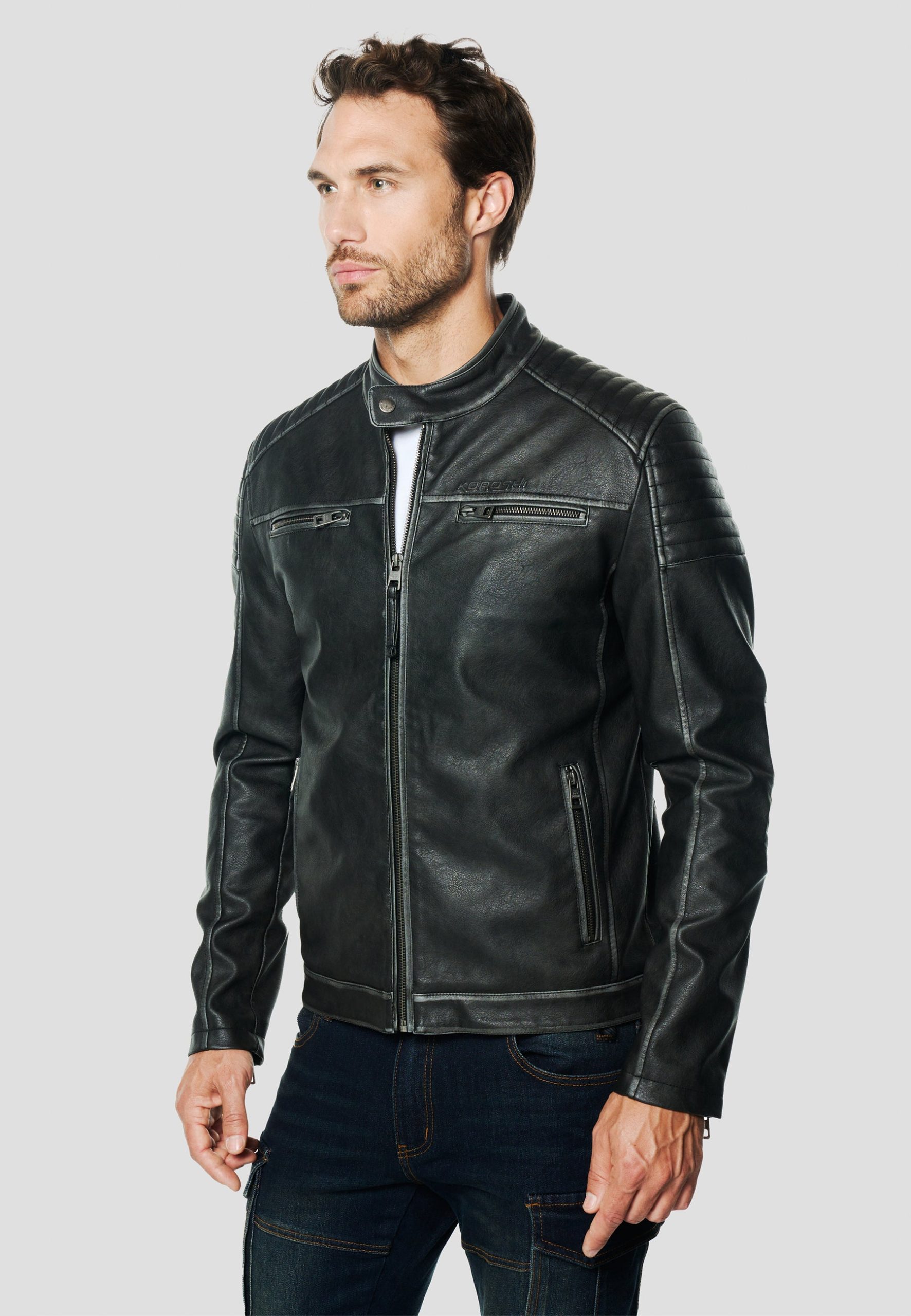 blouson-pour-homme-063znt-1.jpg Veste biker matelassée effet cuir homme Koroshi Noir black / S – Image 1