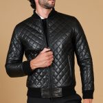 Blouson cuir homme veste cuir noir bomber en losange Paul