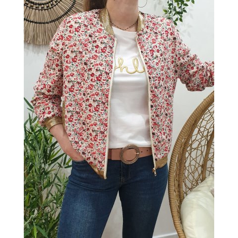 bombers-femme-154ayl-1.jpg Bombers femme grande taille blanc petites fleurs rouges cerises et vertes 297267 – Image 1