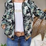 Bombers noir feuillage vert fleurs blanches doré