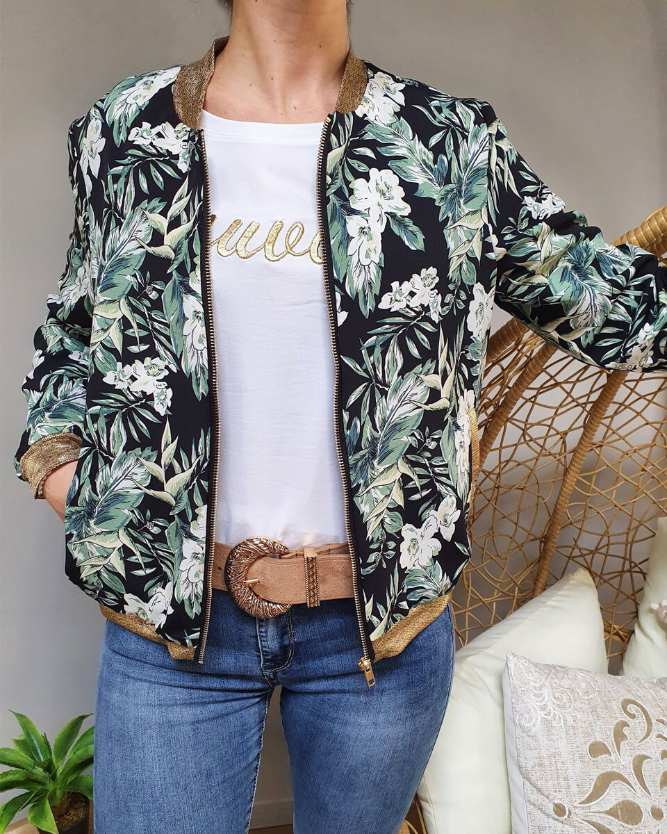 bombers-femme-223njz-1.jpg Bombers noir feuillage vert fleurs blanches doré – Image 1