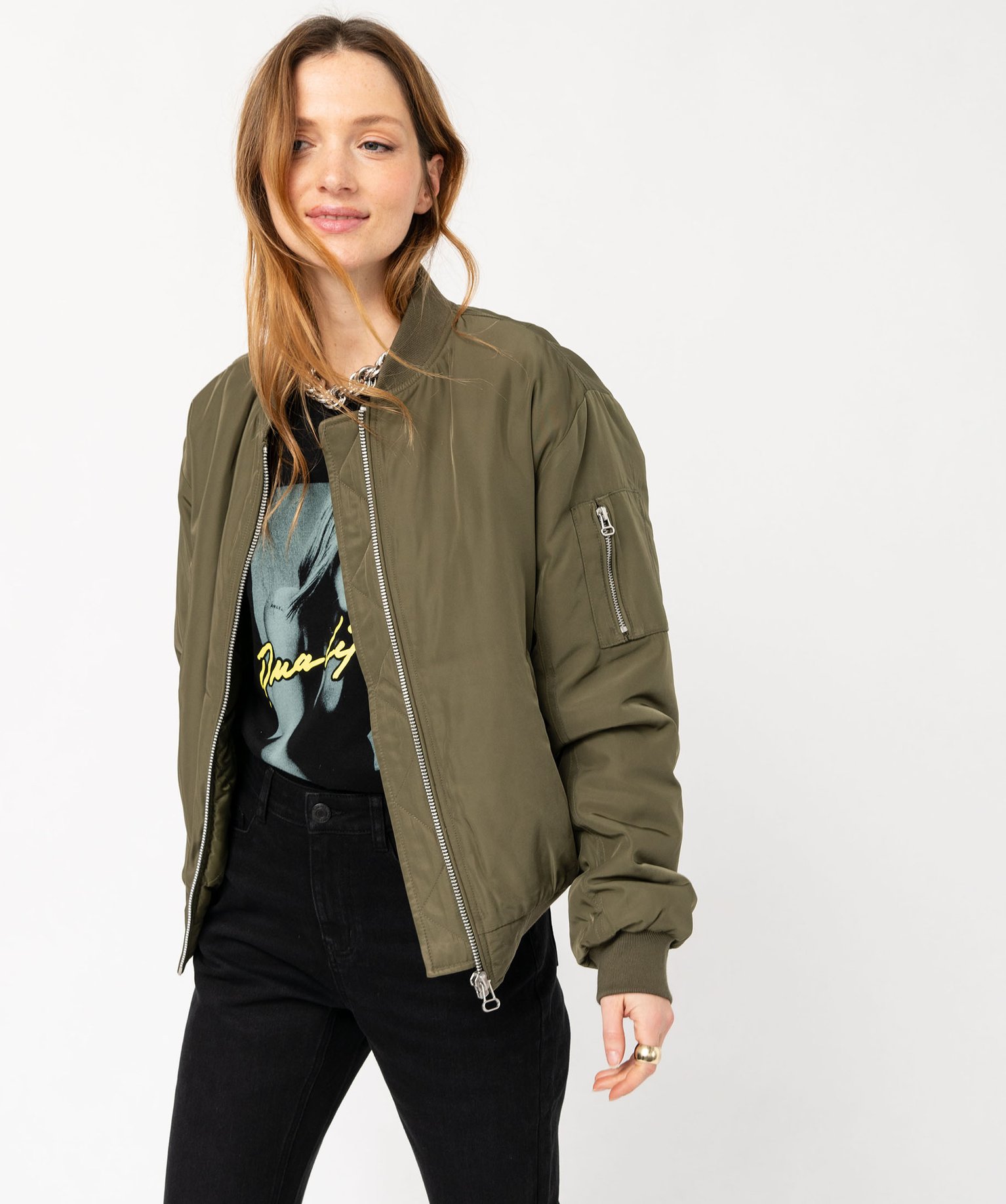 bombers-femme-411iwr-1.jpg Bomber en matière satinée femme kaki | GEMO – Image 1