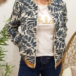 Bombers femme écru feuillage bleu mi saison léger