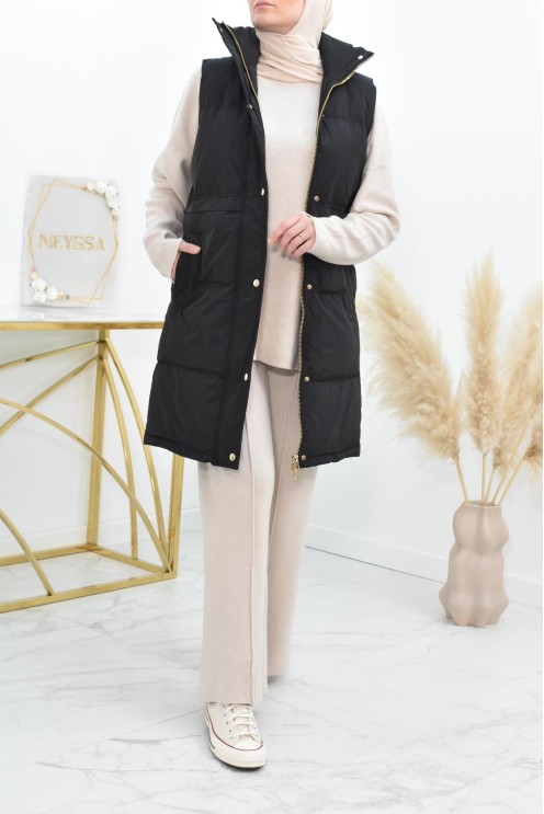 doudoune-femme-sans-manche-442khr-1.jpg Doudoune longue sans manches noir pour femme à capuche – Image 1