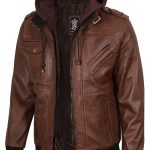 Edinburgh – Blouson Bomber en cuir à capuche cognac pour homme XS