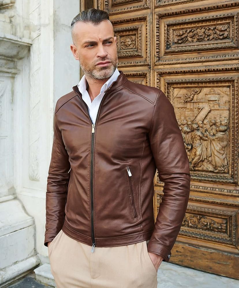 veste-cuir-410esx-1.jpg D'Arienzo Veste Cuir Brun Foncé en Agneau Veritable Moto Motard Blouson Made in Italy Ted 50/L/Marron foncé : Amazon.fr: Mode – Image 1