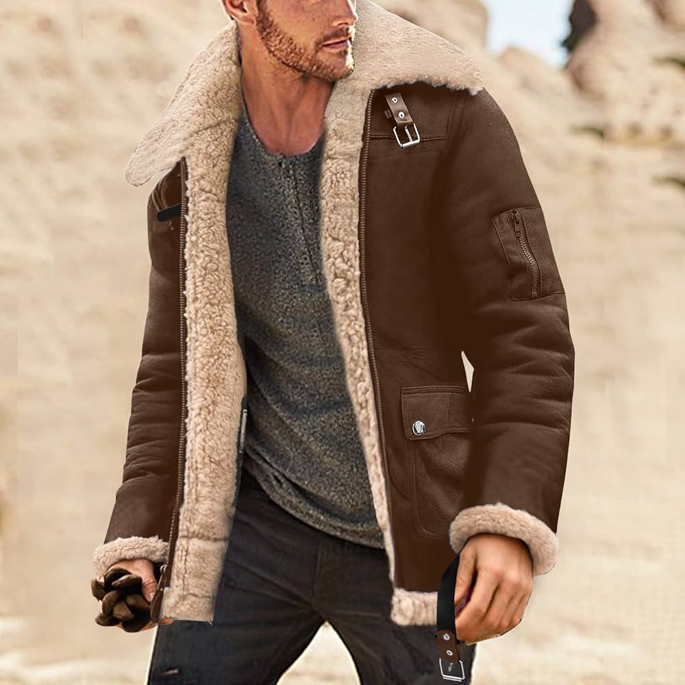 veste-cuir-homme-728cjf-1.jpg Veste Cuir Homme Marron Hommes Mode Simple Manteau d'hiver Col À Manches Longues Rembourré en Cuir Veste Vintage Épaissir Manteau en Peau De Mouton ... – Image 1