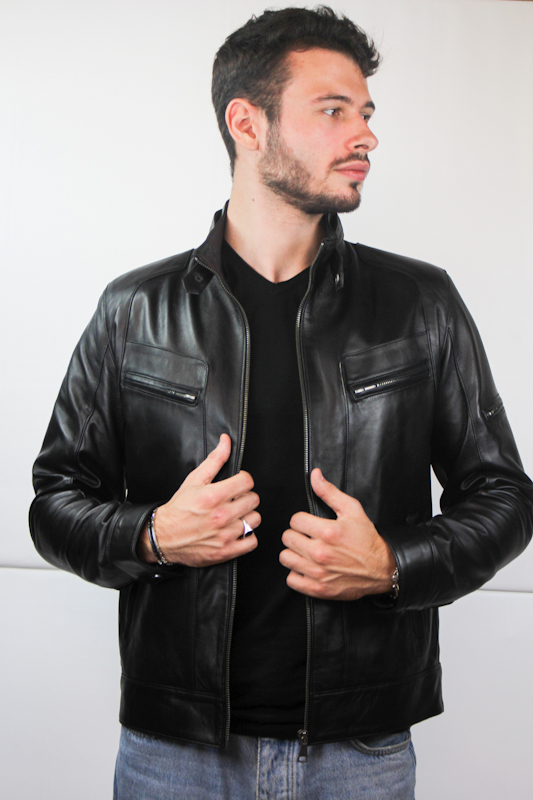 veste-en-cuir-500oum-1.jpg Blouson Milano Cuir d'agneau Noir Homme style motard – Image 1
