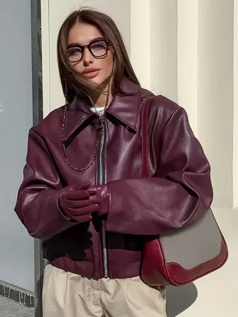 veste-en-cuire-552viu.webp Veste En Cuir PU À Col Rabattu Femme Décontracté Chic Oversize Milanoo.com – Image 1