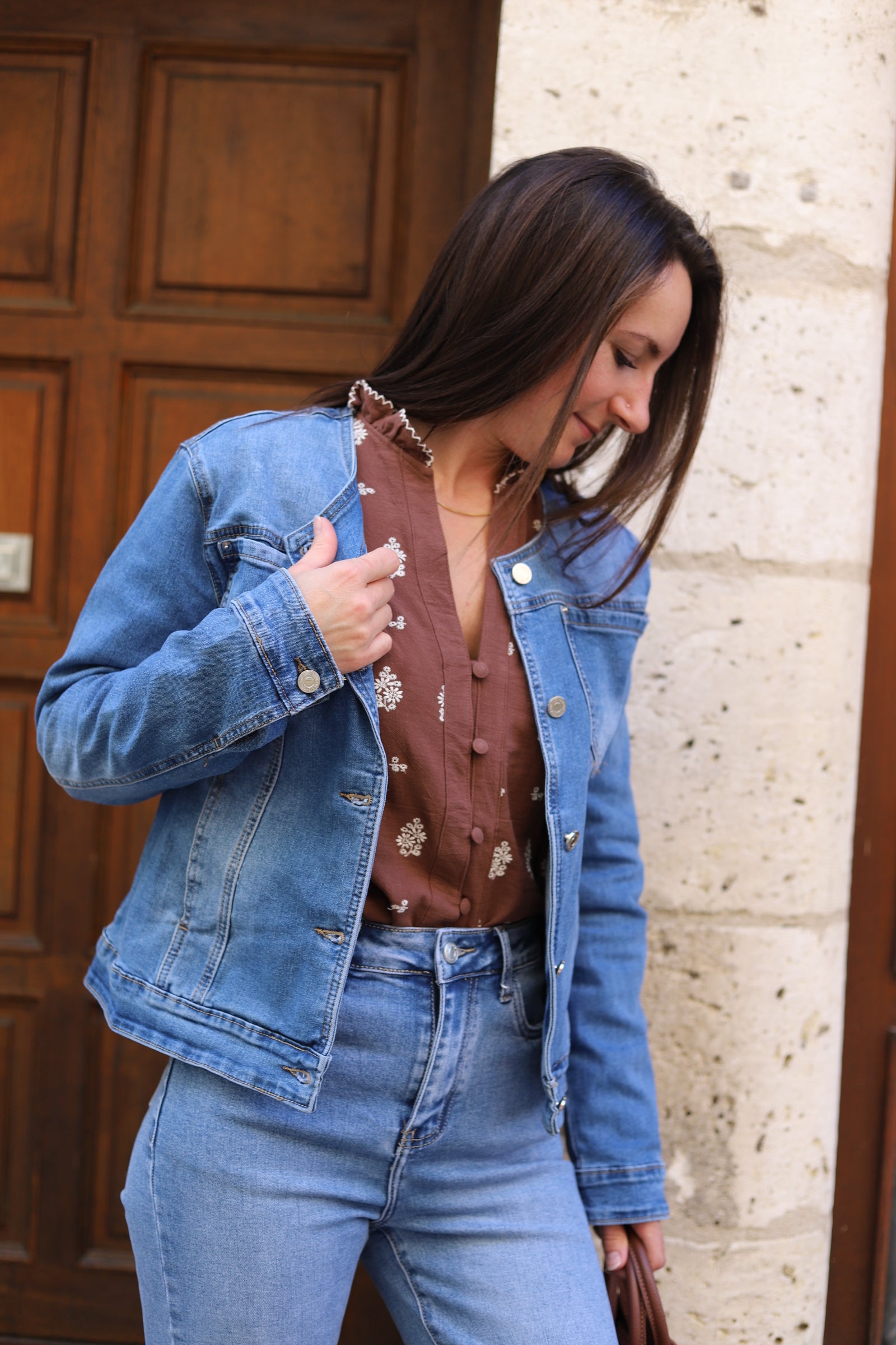 veste-en-jean-070hlz-1.jpg Veste en Jean Col Rond – Stretch & Intemporelle Bleu / M – Image 1