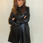 3/4 en cuir noir style trench avec ceinture pour femme