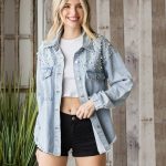 Veste En Jean,Veste En Jean À Revers Pour Femme Vintage Bleu Clair Perle D'Imitation Perles En Strass Veste De Transition Pour Petit Ami Élégante Veste En Jean Stretch À Manches Longues Veste