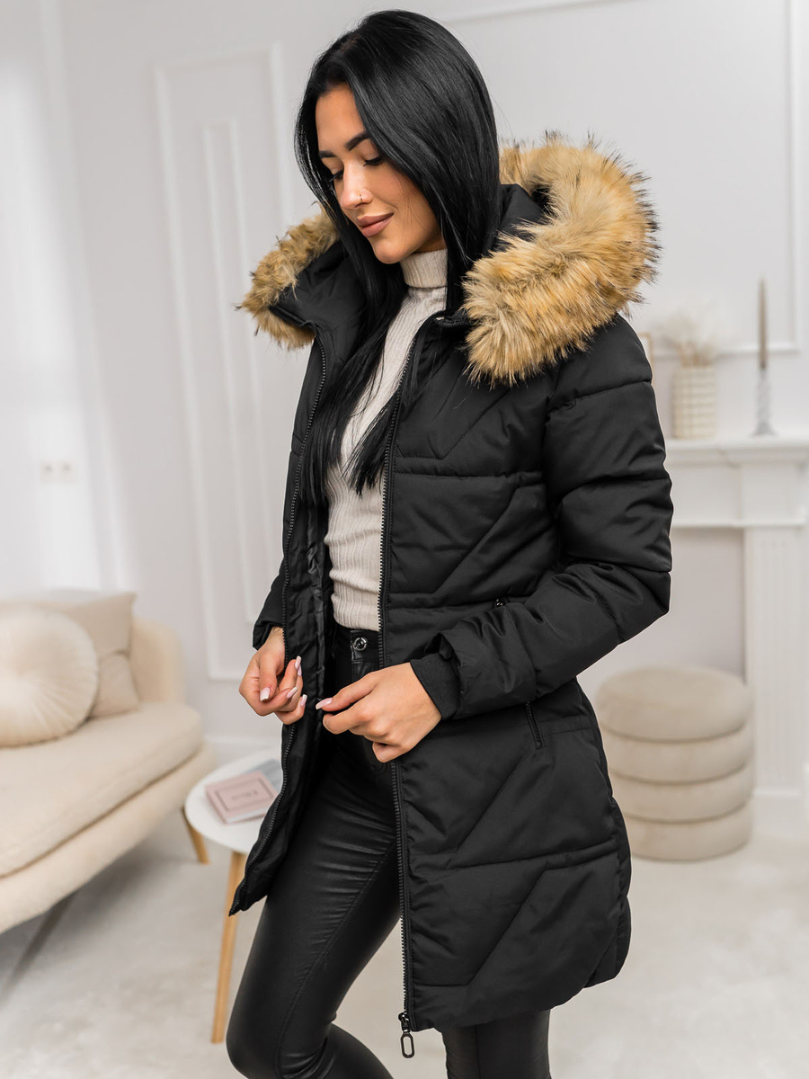 veste-femme-hiver-727afo-1.jpg Femme Veste d'hiver avec capuche et fourrure Noir Marron Bolf 16M9099 – Image 1