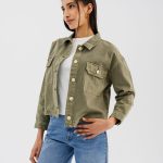 Veste en jean coloré large et courte femme kaki | GEMO