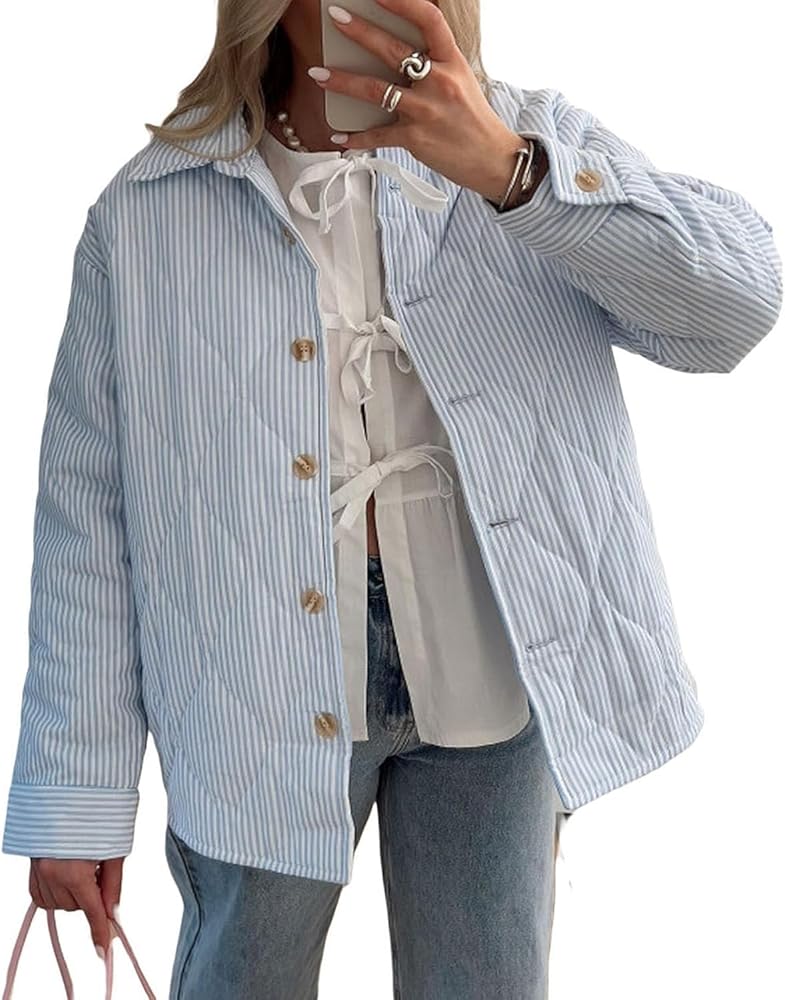 veste-femme-matelassee-375psj.jpg Veste matelassée légère pour Femme Y2K Bouton à Revers rayé Automne et Hiver Veste épaisse Vintage Courte en Coton matelassé Trench Coat Veste ... – Image 1