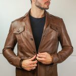 Veste demi longueur en cuir marron clair pour homme