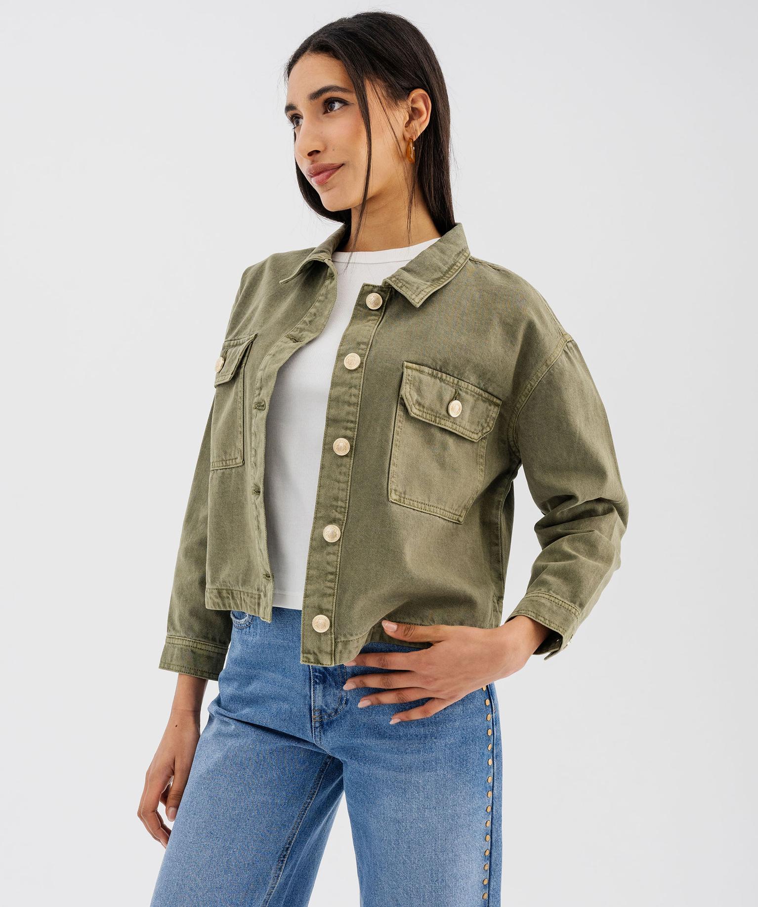 veste-jean-femme-822qcw-1.jpg Veste en jean coloré large et courte femme kaki | GEMO – Image 1