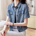 Veste Jean Femme, Veste en Jean À Manches Courtes pour Femme Bleu Clair Délavé Revers Boutonné Manteau en Jean D'Été Vintage Distressed Trucker Jean ...